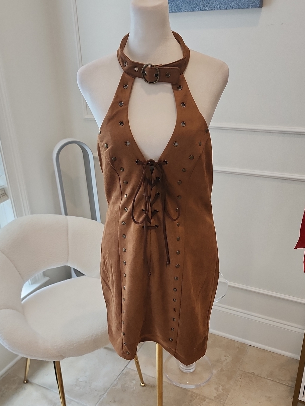 Fashion Nova Tan Suede Halter Lace-Up Mini Dress with Buckle Neck